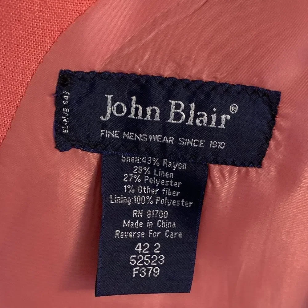 John Blair Men's Coral Blazer Linen Blend Size 42